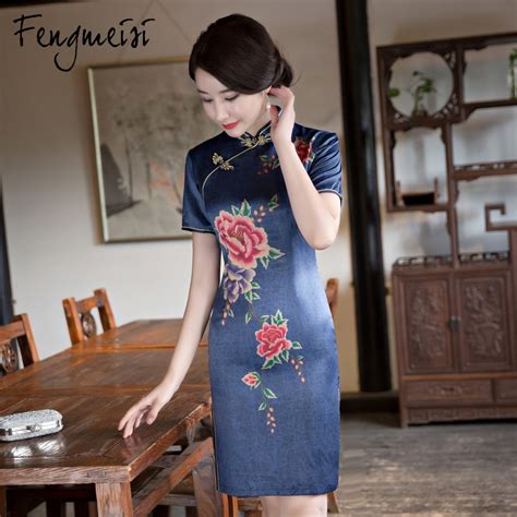 fengmeisi dark blue cheongsam short silk qipao chinese style sexy dress