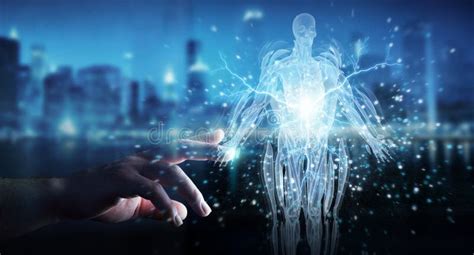 man hand  digital  ray human body holographic scan projection  rendering stock image