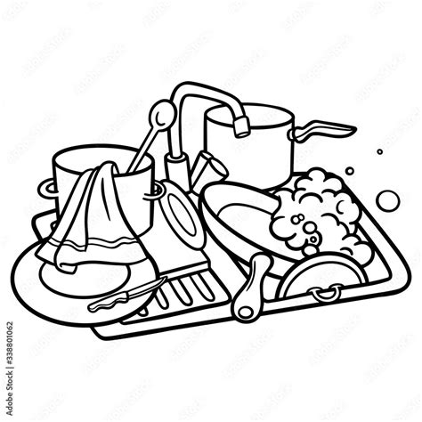 monochrome comic drawing   sink  dirty dishes coloring page