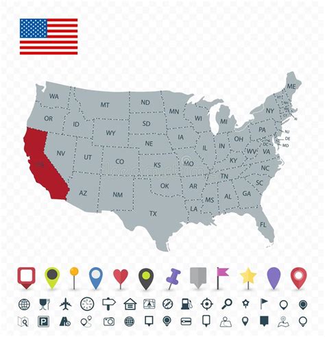 ubicación de california en el mapa de ee uu con banderas e iconos de