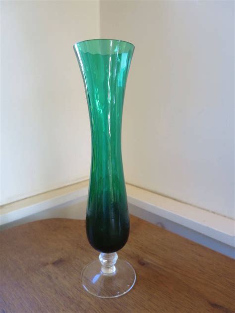 Vintage Emerald Green Round Bud Vase Hand Blown Swirl Green Glass Mid