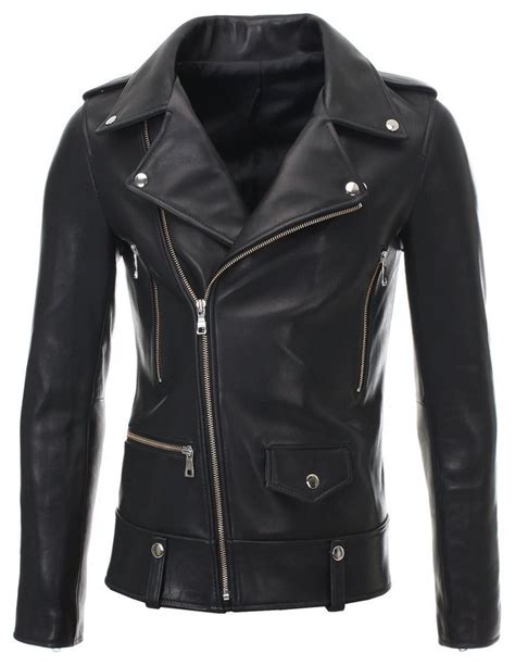 mens slim fit genuine leather motorcycle jacket snap