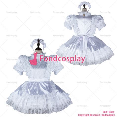 fondcosplay adult sexy cross dressing sissy maid white satin lace dress