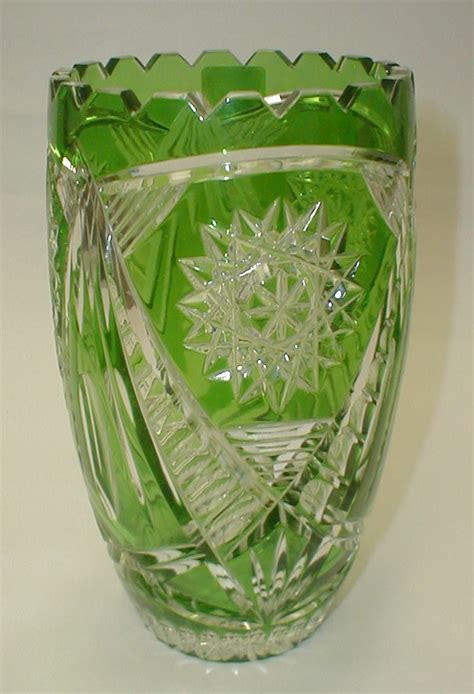 Lausitzer Glas Lead Crystal Green Cut To Clear Vase 7 75 T