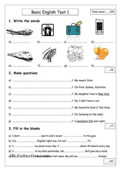 english worksheets basic english test