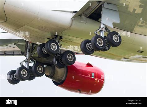 extended landing gear ofa virgin atlantic airbus  moments stock