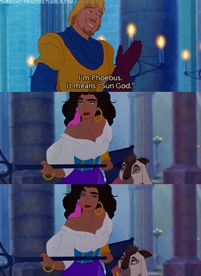 the hunchback of notre dame phoebus and esmeralda i love how embarrassed phoebus is about his