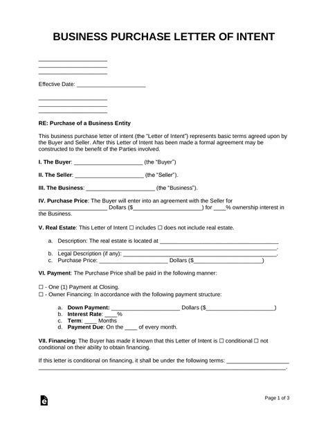 business purchase letter  intent template  word eforms