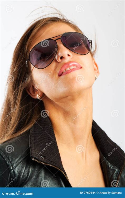 lady  sunglasses stock photo image  leather girl