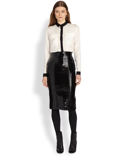 lyst burberry ribbed faux patent leather pencil skirt in black