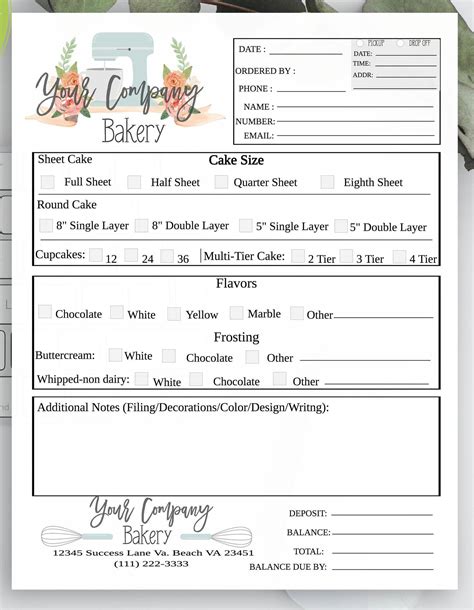 editable bakery order form home bakery order sheet cake order etsy canada