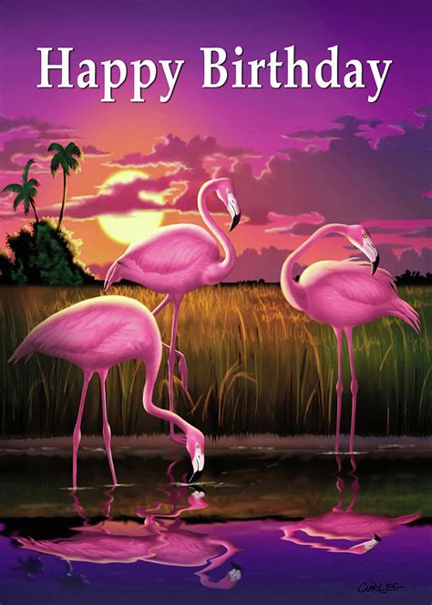 happy birthday greeting card pink flamingos sunset digital art