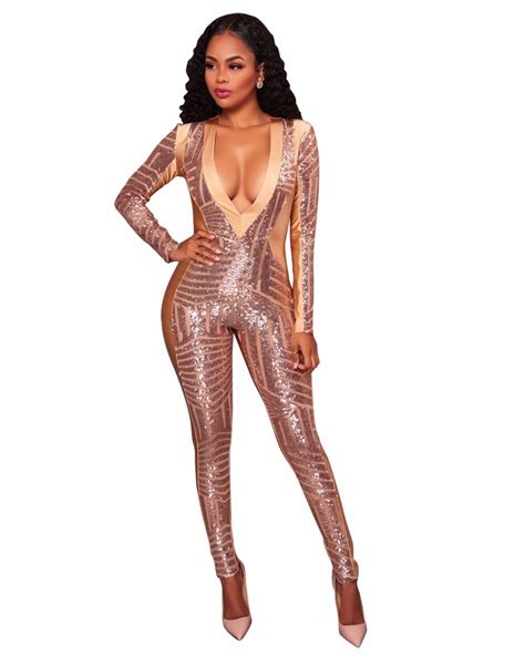 Okayoasis Free Shipping Sexy Deep V Neck Sequin Party Long Jumpsuit