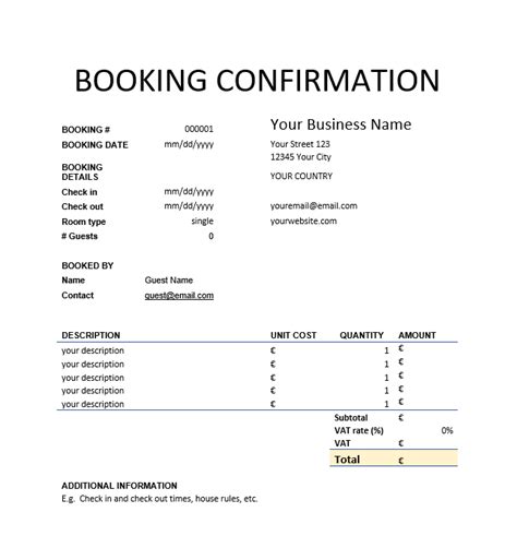 booking confirmation template print save