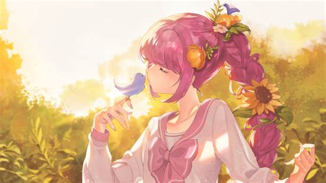 pink haired female anime character holding bird graphic wallpaper hd wallpaper wallpaper flare