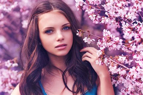 face model women brunette blue eyes cherry blossom