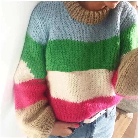 Rainbow Stripe Women Sweater 2018 Autumn Loose Knitted Jumper Top Long