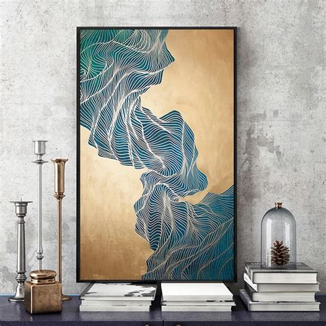 modern simple abstract print ink gold lines canvas painting picture