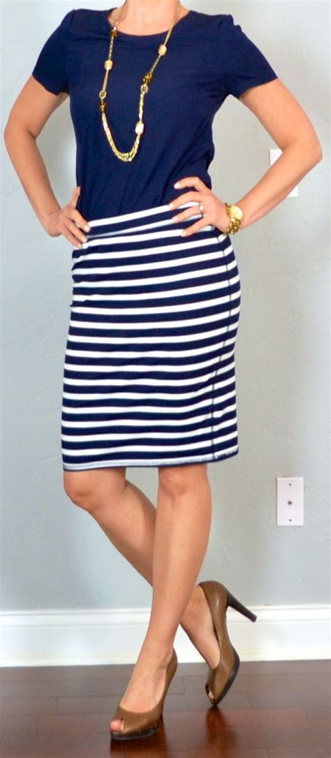 outfit post navy blouse striped jersey pencil skirt brown peep toed