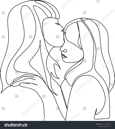 Continuous Drawing Two Lesbians Kissing Each Stock Vector Royalty Free