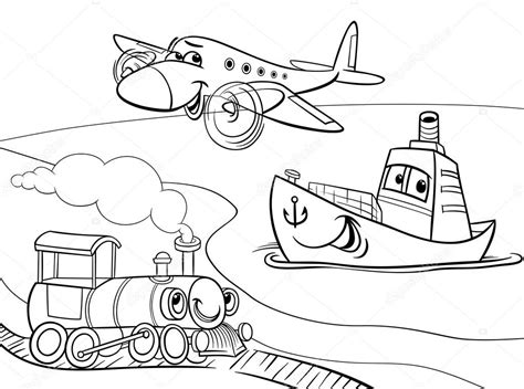 avion tren barco  colorear de dibujos animados vector de stock