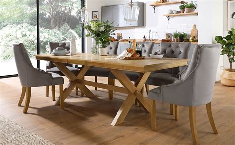 grange oak extending dining table   duke grey velvet chairs