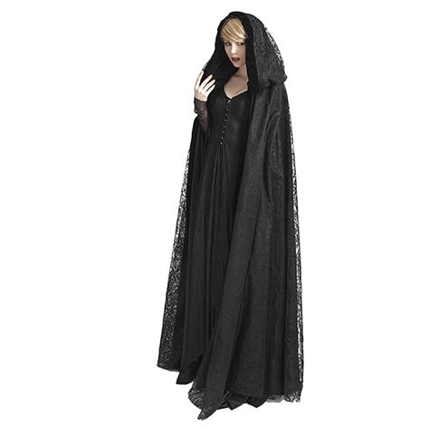 steampunk womens witch cape black hooded lace long coat priestess
