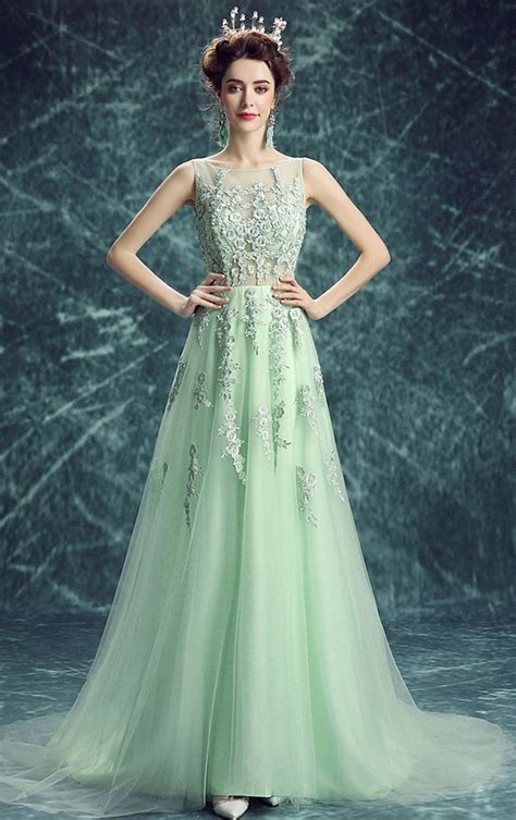 A Line Bateau Neckline Sleeveless Mint Green Tulle Lace Prom Dress