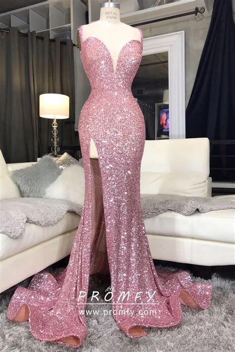 Pink Sequin Sweetheart High Slit Mermaid Prom Dress Promfy