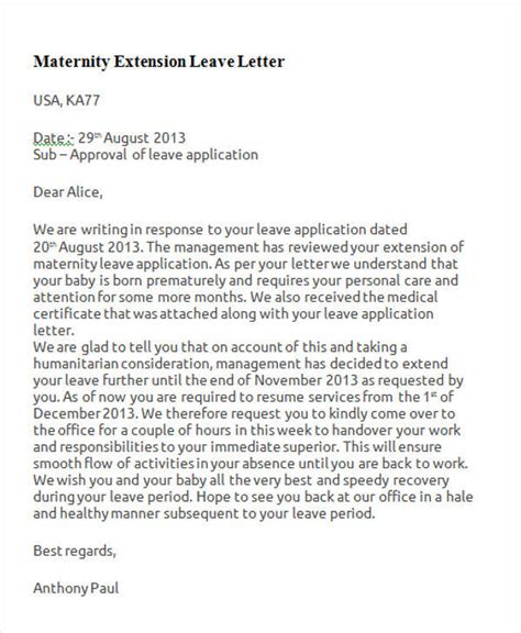 sample maternity leave letter  maternity leave extension letter