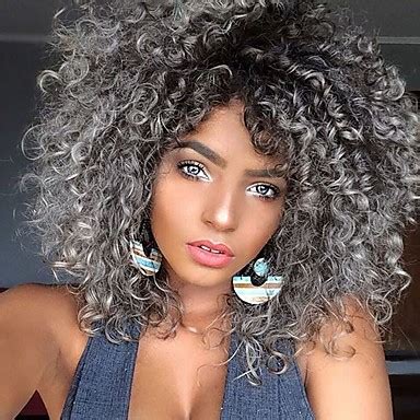 synthetic wig afro curly  baby hair wig medium length grey