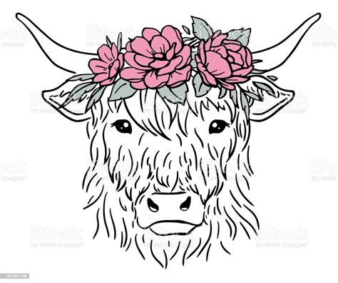 Cow Head With Flower Wreath Highland Heifer Face Stock Illustration
