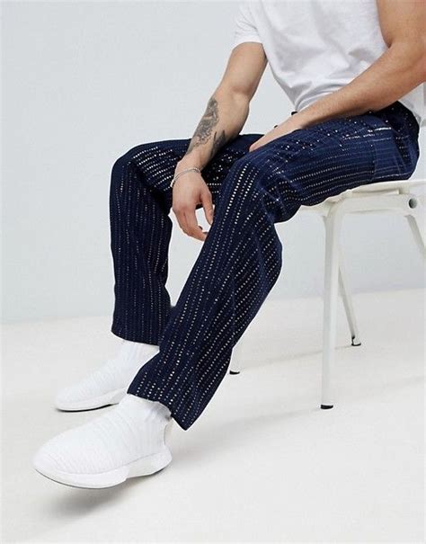 asos design ruimvallende broek met strepen  lovertjes  marineblauw asos mode stijl