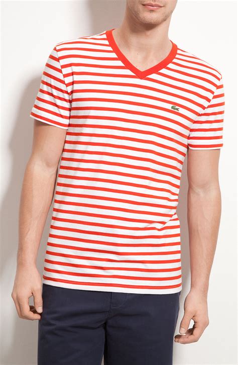 Lacoste Stripe V Neck T Shirt In White For Men Agave Red White Lyst