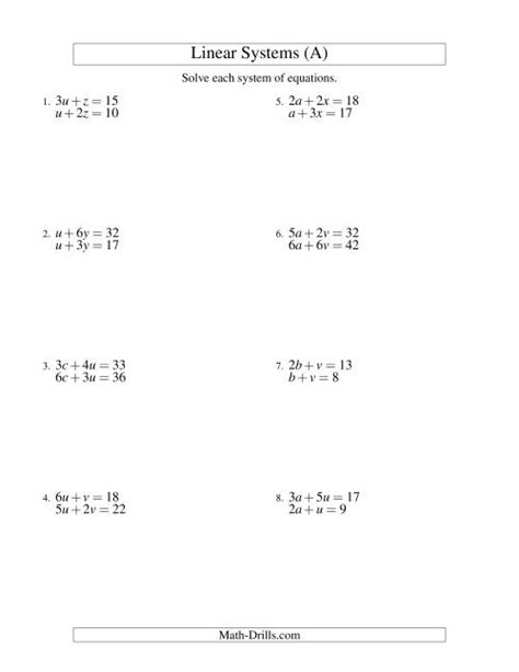 systems  linear equations  variables  algebra worksheet
