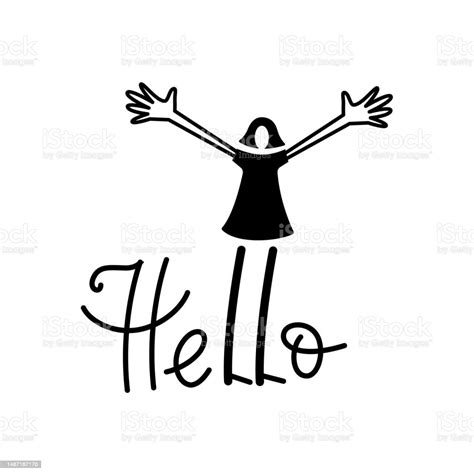 the girl spreads her arms wide in greeting hello lettering composition