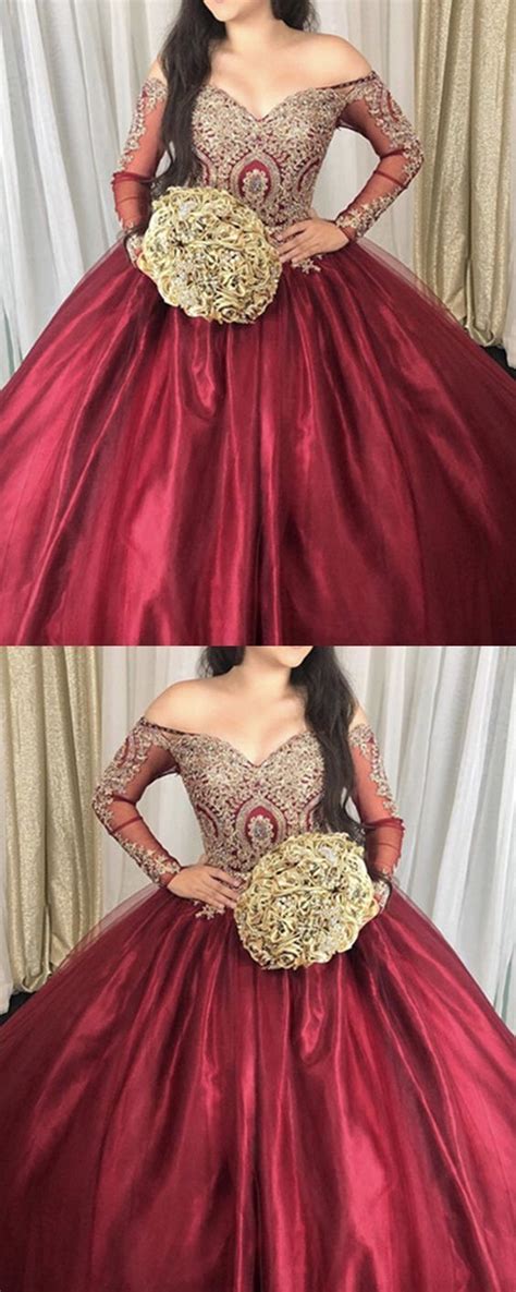 maroon quinceanera ball gown  gold lace long sleeve plano bridal burgundy quinceanera