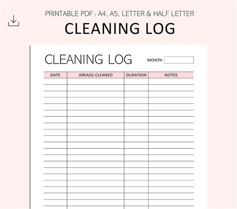 printable cleaning log template