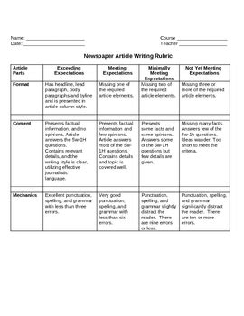 newspaper article writing rubric  crystals creations tpt