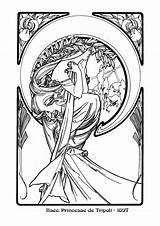 Mucha Coloring Alphonse Pages Book Nouveau Illustration Line Imgarcade Tattoo sketch template