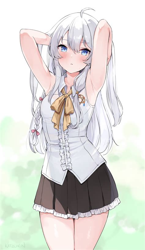 safebooru 1girl ahoge armpits arms behind head arms up bare arms bare