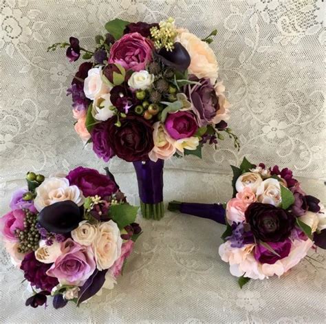 wedding bouquet plum purple bridal bouquet silk wedding flowers purple