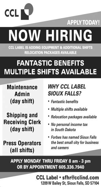 hiring apply today ccl label sioux falls sd