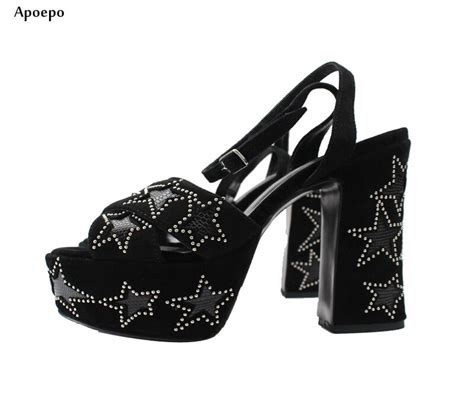new peep toe thick heels sandal for woman sexy five pointed stars