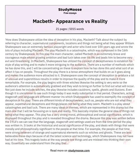 Macbeth Appearance Vs Reality Free Comparison Essay Example Compare