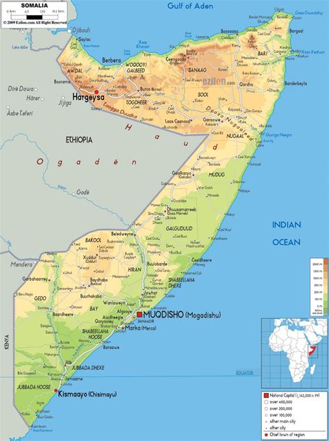 large physical map  somalia  roads cities  airports somalia