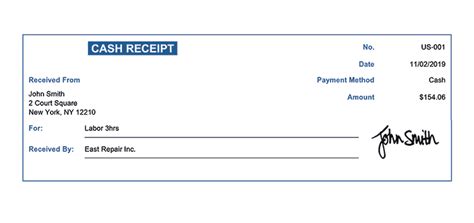 cash payment receipt template printable