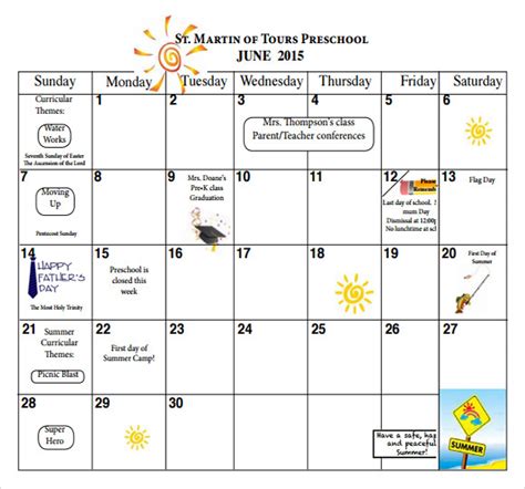 editable preschool calendar