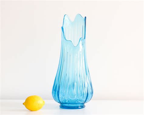 Vintage Mid Century Blue Swung Glass Vase 15 25 Etsy Large Vase