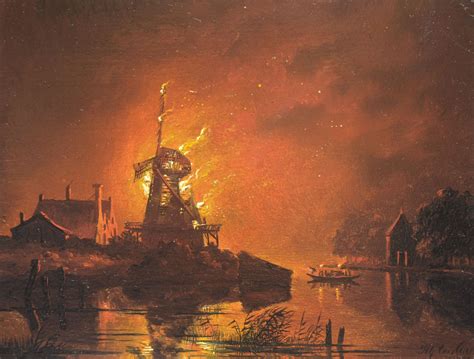 hendrik gerrit ten cate paintings prev  sale  windmill burning  night